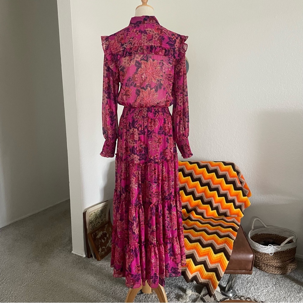 Misa Los Angeles Marian Floral Ruffle Metallic Tier Smocked Midi Dress - Picture 3 of 12